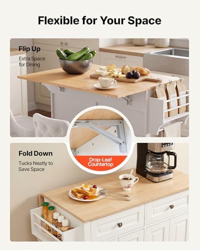 VEVOR Kitchen Island Cart with Storage, 43.58 in Wide Mobile Rolling Storage Island on Swivel Wheels, with 2 Drawers, Storage Cabinet, Drop Leaf, Spice/Towel Rack, Table for Home Dining Room, White