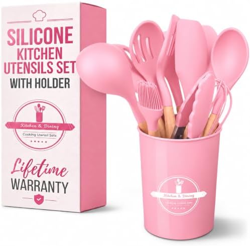 12 Pcs Pink Cooking Utensils Set with Holder for Nonstick Cookware