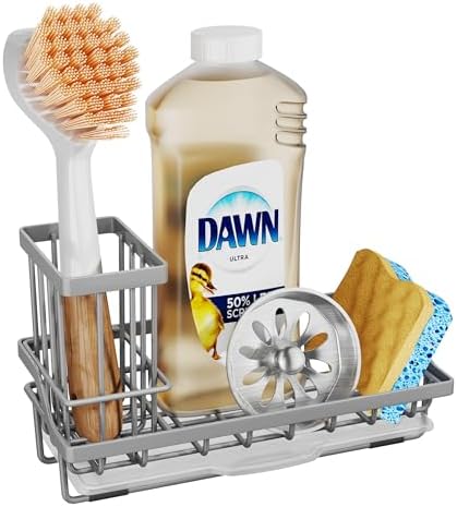 SWTYMIKI Sink Caddy Sponge Holder - Kitchen Sink Organizer with High Brush Holder for Countertop to Hold Dish Soaps and Sponges, Stainless Steel, Gray