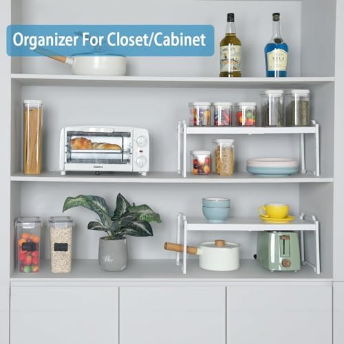 Set of 2 Expandable Kitchen Cabinet Shelves Organizers, Stackable Adjustable Small Storage Shelf Rack Stand For Pantry Cabinet Cupboard Kitchen Counter Organization, 22 lbs Capacity, Length:20.5"