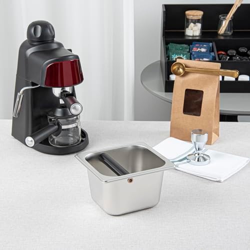Restaurantware Espresso Knock Box - 1 Case - 4" Inch Deep Stainless Steel Basin Coffee Ground Bin - Removable Knock Bar With Non-Slip Base, Silver Coffee Puck Container For Home Barista Use