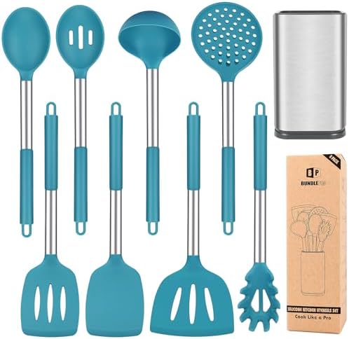Silicone Kitchen Utensils Set, 8Pcs Cooking Utensils with Holder, Blue