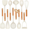 Large Silicone Cooking Utensils Set, 10Pcs Nonstick Kitchen Utensil Set with Wooden Handle, Heat Resistant Silicone Utensils for Cooking, BPA Free Set with Turners Spoon Ladle Skimmer(Cream White)