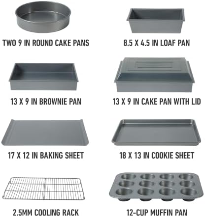 Calphalon Titan 10-Piece Nonstick Bakeware Set, Baking Sheet Set, Steel Core PFA-Free Nonstick Coating, Oven Safe, Includes Sheet Pans, Muffin Pan, Round Cake Pans, Loaf Pan and Cooling Rack - Silver