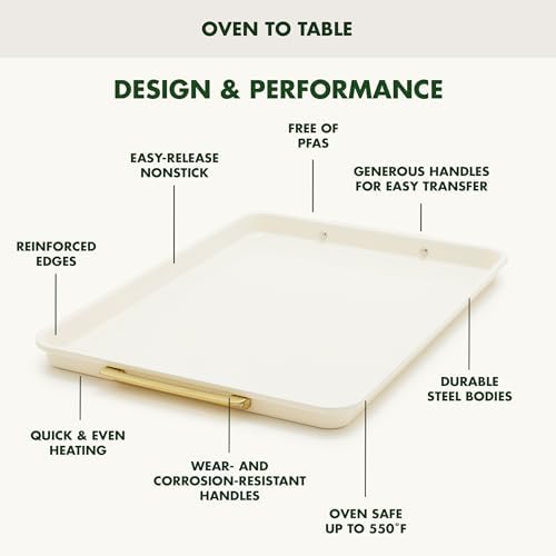 GreenPan Bakeware 13"x18" Half Baking Sheet Pan, Ceramic Nonstick Baking Pan, PFAS & BPA Free, Gold Handles, Durable Steel, Versatile & Space Saving Ovenware, Freezer to Oven Dish, Cream