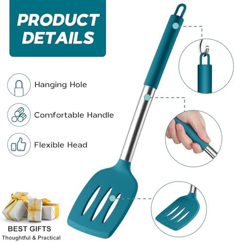 Onader 15pcs Kitchen Cooking Utensils Set with Holder, Onader Heat Resistant Silicone Kitchen Utensils Spatula Set with Stainless Steel Handle - Blue