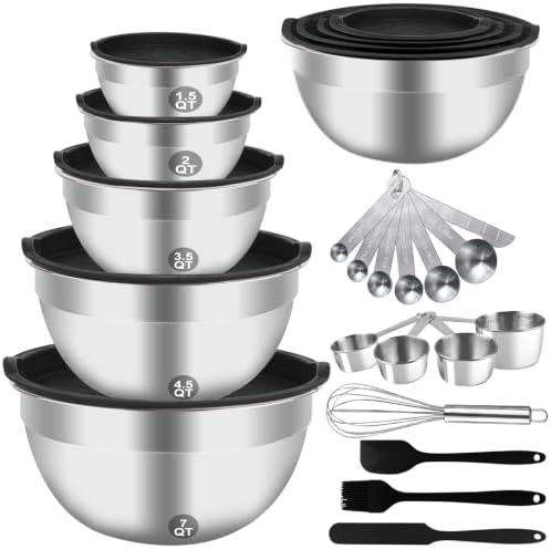 WEPSEN Mixing Bowls Set, 25PCS Stainless Steel Mixing Bowl with Lid Set, Large Nesting Bowls 7, 4.5, 3,2, 1.5QT, Measuring Cups and Spoons Baking Utensils Metal Bowl for Kitchen Prep