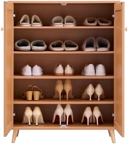VEVOR Rattan Shoe Cabinet, 5 Tiers Shoe Storage Organizer with 2 Doors and Adjustable Shelves, 40.35" Tall Rattan Shoe Storage Entryway Cabinet Ideal for Entryway, Closet, Hallway, Light Wood Color