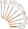 Silicone Kitchen Utensils Set, 9 Pcs Full-Size Non-Toxic Cooking Utensils with Wooden Handles & Stainless Steel Core, Heat Resistant Food Grade Kitchen Gadgets for Nonstick Cookware