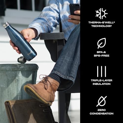 S'well Stainless Steel Water Bottle - 17 Fl Oz - Blue Suede Triple-Layered Vacuum - Double Wall Bottles Keep Drinks Cold for 36 Hours and Hot for 18 - Great for Travel, Hiking, Camping, 17 fl oz