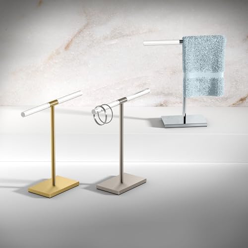 Gatco 1344SN Modern Freestanding Countertop Towel Holder, Satin Nickel Acrylic T-Shape Hand Towel Rack for Bathroom & Kitchen, Decorative Towel Organizer for Vanity, Sink & Countertop