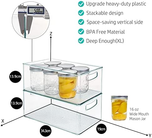 Hudgan 8 PACK Stackable Pantry Organizer Bins (3 Size) - Clear Fridge Organizer for Kitchen, Freezer, Refrigerator, Cabinet - Plastic Storage Container with Handle for Home