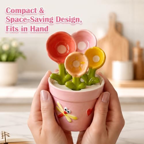 Cute Flower Ceramic Measuring Spoons Set with Base, Kitchen Decorate Gifts