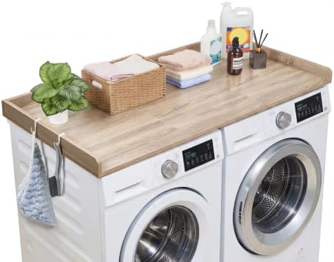 VEVOR Washer Dryer Countertop with 3 Splicing Panels, 54" x 27" Wooden Washer and Dryer Countertop with 2 Hooks, Water-Resistant Laundry Topper for Laundry Room Organization and Storage, Oak