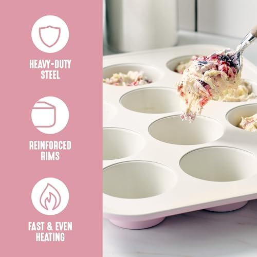 GreenLife 12-Cup Muffin Pan, Healthy Ceramic Nonstick Bakeware, PFOA & PFAS-Free Cupcake Sheet, Durable, Versatile Kitchen Essentials, Easy Clean Muffin Mold, Valentine’s Day gifting, Pink
