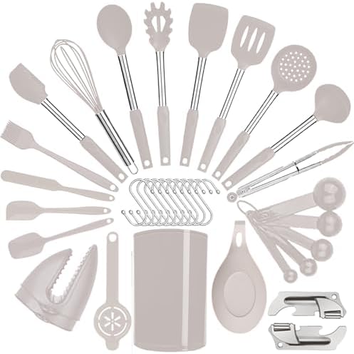 Silicone Kitchen Cooking Utensils Set with Stainless Steel Handle, Spatula Set Utensil Set, Cooking Utensil Set,Kitchen Tools Gadgets for Nonstick Cookware (35, Khaki)