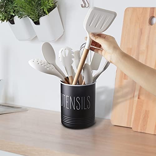 Bivvclaz Kitchen Utensil Holder, 6.7" Utensil Holder for Kitchen Counter, Cooking Utensil Crock with Cork Bottom, Modern Farmhouse Decor, Countertop Utensil Storage Organizer Caddy, Black