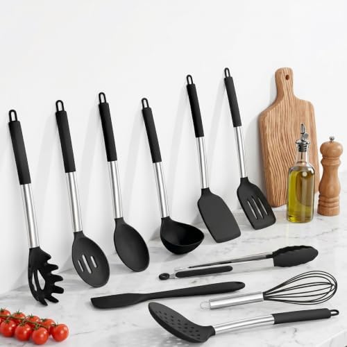 Onader Silicone Kitchen Utensils Set of 10, Cooking Utensils with Holder and Heat Resistant Stainless Steel Handle for Nonstick Cookware - Black