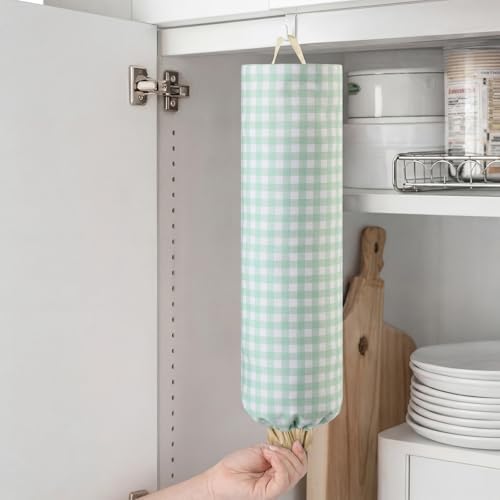 Gingham Plastic Bag Holder for Grocery Bag, Mint Green