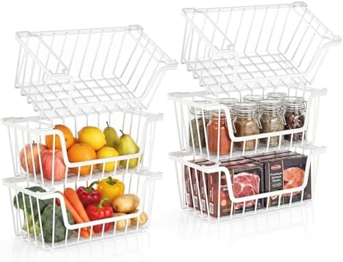 SUNALLY Stackable Storage Bins 6 Pcs Wire Baskets Freezer Organizer, White