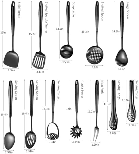 304 Stainlss Steel Matte Kitchen Utensils Set, 12 Pcs Long Metal Cooking Utensil Gadgets Tools Set with Spatula, Ladle, Spoon, Ladle, Skimmer, Tunner, Pasta Server, Tongs(Black, Dishwasher Safe)