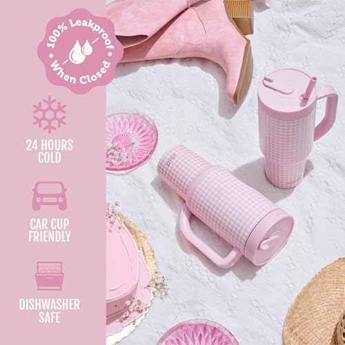 Ello Oasis 30oz Insulated Stainless Steel Tumbler with Straw, Pink Gingham