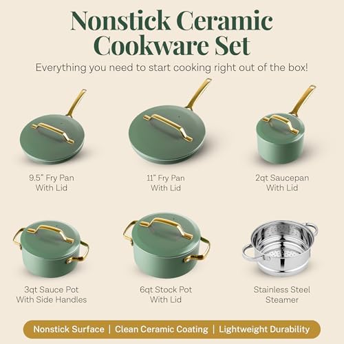 Gotham Steel Modern 11 Pc Ceramic Cookware Set, Elegantly Designed Pots and Pans Set Non Stick with Steamer, Induction Bottom, Premium Stay Cool Handles, Non Toxic PFOA Free, Oven & Dishwasher Safe