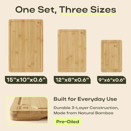 ROYAL CRAFT WOOD Wooden Cutting Boards for Kitchen Meal Prep & Serving - Bamboo Wood Serving Board Set with Deep Juice Groove Side Handles - Charcuterie & Chopping Butcher Block for Meat