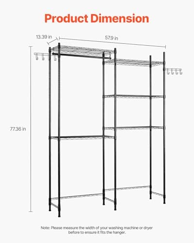 VEVOR Over the Washer and Dryer Storage Shelf, 5 Tier Laundry Room Drying Rack with Hanger Rod and Hooks, Adjustable Over Washer and Dryer Shelves, Laundry Room Shelf Storage Space Saver, Black