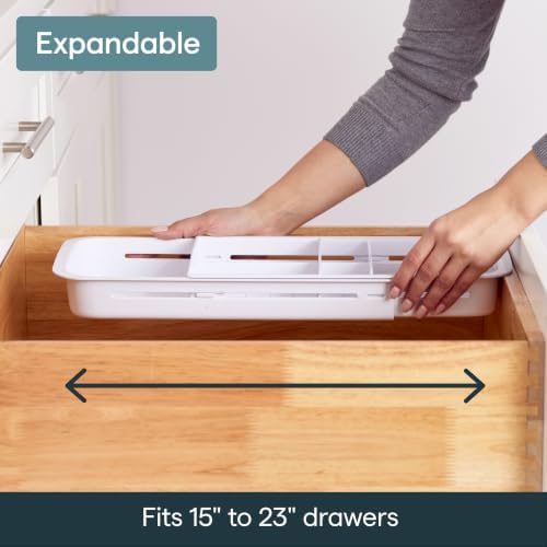 YouCopia DrawerFit Sliding Drawer Tray with Adjustable Dividers, Expandable Kitchen Storage Organizer, Speckled White