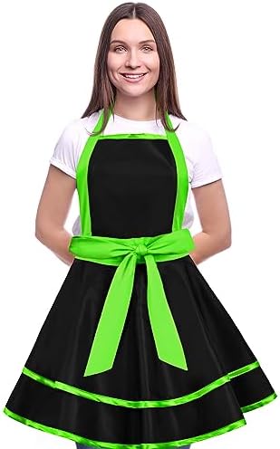 Violet Mist Cute Lovely Retro Aprons for Women Girls - Sexy Vintage Black & Green 50s Apron for Halloween, Christmas, Cooking, Kitchen - Ruffle Apron for Housewife, Waitress, Mother's Gift