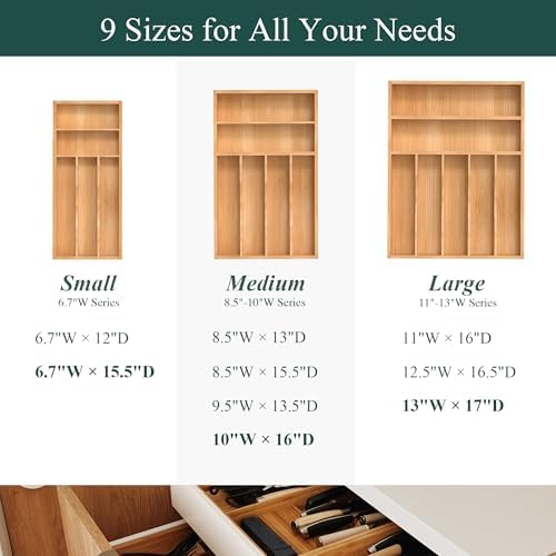 Silverware Organizer, Bamboo Kitchen Drawer Organizer, Utensil Holder, Cutlery Tray & Spoon Flatware Storage with Grooved Drawer Dividers (10''W x 16''D)