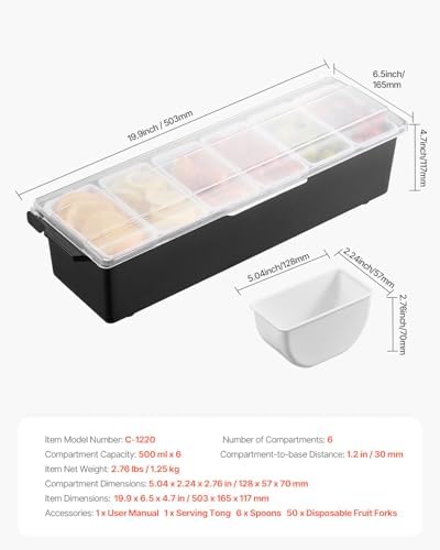 VEVOR Chilled Condiment Server, 6 Compartment Ice Cooled Condiment Serving Container, Chilled Garnish Tray Bar Caddy with Lid, for Bartending & Serving Taco, Salad, Fruit, Home & Restaurant Supplies