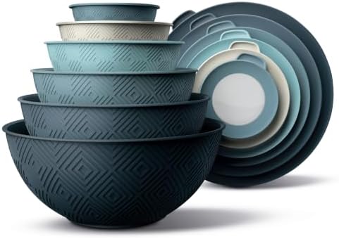 COOK WITH COLOR Mixing Bowls with Lids - 12 Piece Plastic Nesting Bowls Set includes 6 Prep Bowls and 6 Lids, Microwave Safe Mixing Bowl Set, Blue Rhombus
