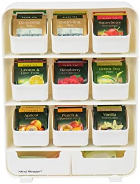 Mind Reader Tea Bag Organizer, Tea Station Organizer, Countertop Storage, Kitchen, Plastic, 10.25"L x 3.25"W x 13.75"H, White