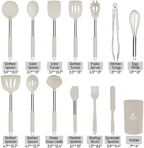 MIBOTE Silicone Kitchen Cooking Utensils Set, Steel Handle, Khaki