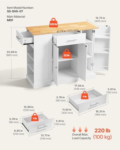 VEVOR Kitchen Island Cart with Storage, 42.36 in Wide Island Table for Kitchen, with 2 Drawers, Storage Cabinet, Table for Home Dining Room, White