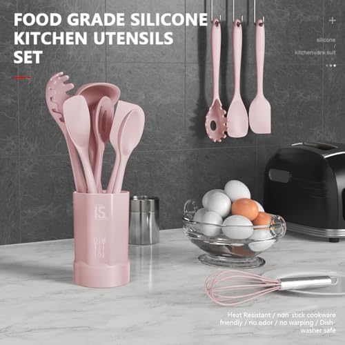AOTHOD Silicone Cooking Utensils Set - 446°F Heat Resistant Kitchen Utensils, Spatula,Turner Tongs,Spoon,Whisk,Kitchen Utensil Gadgets Tools Set for Nonstick Cookware,Dishwasher Safe BPA Free(Pink)