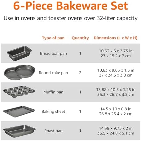 Amazon Basics 6 Piece Nonstick Carbon Steel Bakeware Set with Cake, Muffin, Cookie, and Loaf Pans, Easy Release, Oven Safe, 16.25 x 11.75 x 6.25 inches