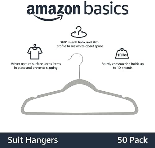 Amazon Basics Slim Velvet Non-Slip Space Saving Suit Clothes Hangers, Closet Organizer, Gray/Silver, 50-Pack