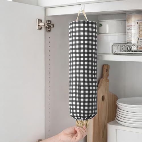 Gingham Plastic Bag Holder for Grocery Bag, Black