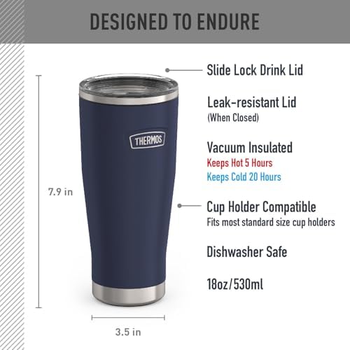 THERMOS ICON SERIES, Stainless Steel Tumbler with Slide Lock, 18 Ounce, Mystic Navy