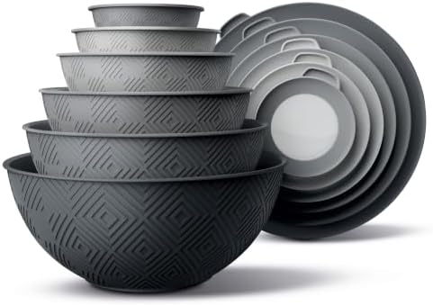 COOK WITH COLOR Mixing Bowls with Lids - 12 Piece Plastic Nesting Bowls Set includes 6 Prep Bowls and 6 Lids, Microwave Safe Mixing Bowl Set, Grey Rhombus