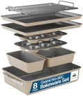 Bakken 8-Piece Ceramic Coated Bakeware Sets, Nonstick Aluminized Steel Pans with Muffin, Loaf, Cake, Roasting Pan, & Cooling Rack, Oven Safe Up To 500°F, Dishwasher Safe, BPA, PTFE & PFAS Free, Cream