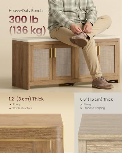 VASAGLE Boho Shoe Bench with Cushion, 4 Rattan-Look Cabinet Doors