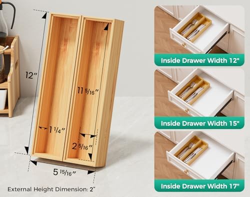 Bamboo Kitchen Drawer Organizer Boxes 12" x 3" Stackable Wooden Organizers