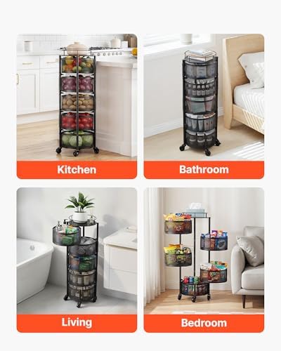 VEVOR Rotating Storage Rack Cart, 5 Tier Fruit and Vegetable Basket Bowls, Heavy Duty Wire Basket Organizer on Wheels, Large Capacity Stand with Metal Top Lid, for Kitchen Bathroom Nursery, Black