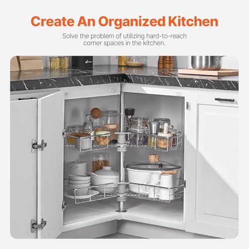 VEVOR 28" Kidney Shaped Chrome Corner Organizer, 360° Rotatble Kitchen Base Cabinet Blind Corner, 2 Tier Height Adjustable Storage Rack, Carbon Steel Lazy Susan Replacement Shelf for Cabinet Corner