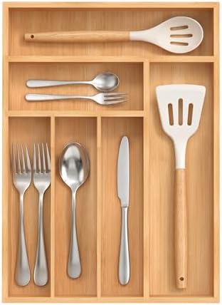 Bamboo Silverware Organizer, Kitchen Drawer Organizer, Utensil Holder, Cutlery Tray & Spoon Flatware Storage with Grooved Drawer Dividers (12''W x 16.5''D)