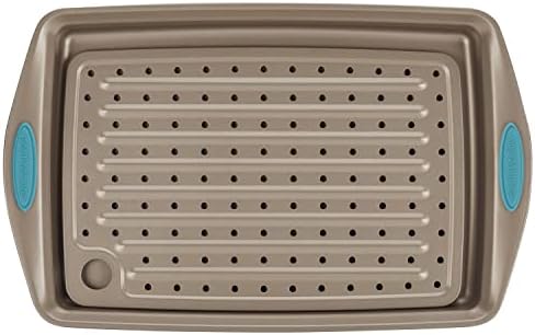Rachael Ray Cucina Nonstick Bakeware Set with Grips, Nonstick Cookie Sheet / Baking Sheet and Crisper Pan - 2 Piece, Latte Brown with Agave Blue Handle Grips